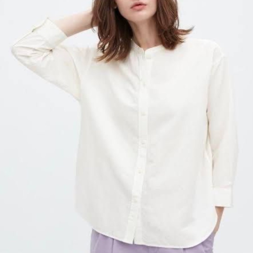 Uniqlo Linen Blend Band Collar 3/4 Sleeve Shirt White XXS EUC
